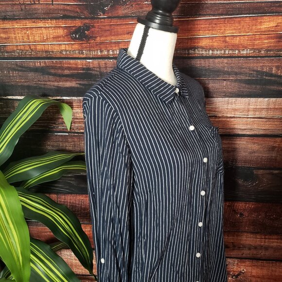 Tommy Hilfiger Large Top Blouse Navy Blue Striped Flowy Rayon Roll Tab Cuffs - Picture 2 of 9